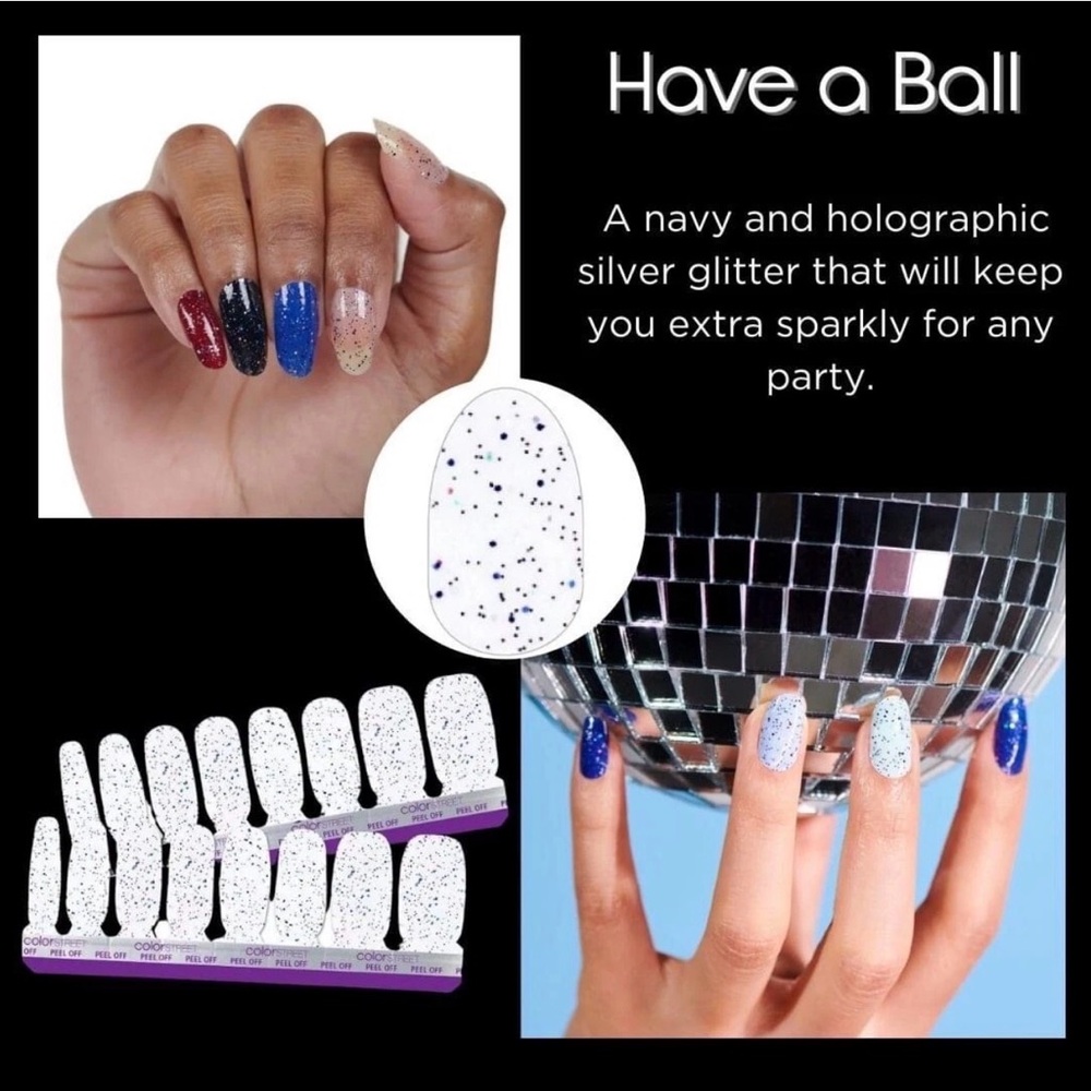 Color Street Navy, Blue, White & Holographic Silver Glitter Press-On Nails
